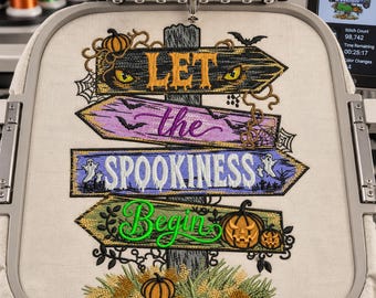 Halloween Pathway Embroidery Design, Spooky Signpost Machine Embroidery, Let the Spookiness Begin, Witchy Fall Decor, Pumpkin Halloween File