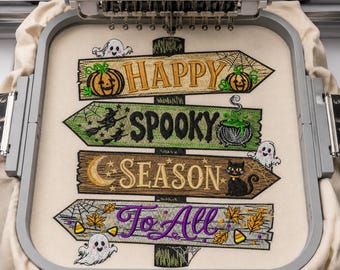 Halloween Pathway Embroidery Design, Halloween Signpost Machine Embroidery, Happy Spooky Season, Fall Autumn Embroidery, Witch Ghost Cat