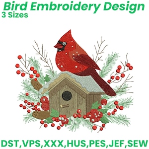 Puede incluir: Un diseño de bordado con un cardenal rojo posado en una casa para pájaros, rodeado de vegetación y bayas. El texto "Bird Embroidery Design" y "3 Sizes" se muestra en la parte superior. El diseño incluye varios formatos de archivo de bordado.
