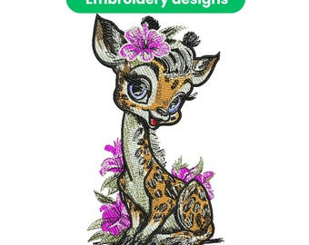 Floral Giraffe Embroidery Design, Cute Giraffe Embroidery File, Baby Animal Embroidery Pattern, Machine Embroidery PES DST JEF Download