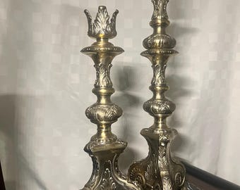 Pair of Antique Ornate Brass Candlesticks – Vintage Altar Candle Holders, Tall Gilded Home Décor, Gothic Revival Collectible Set