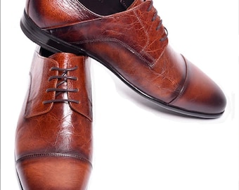 Elegante Herren Lederschuhe in Cognac-Tabak – Handgefertigte Captoe Oxfords mit Gummisohle – Ideal für Hochzeit & Business