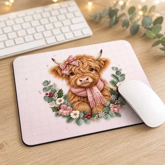 Pink Christmas Highland Cow Mouse Mat