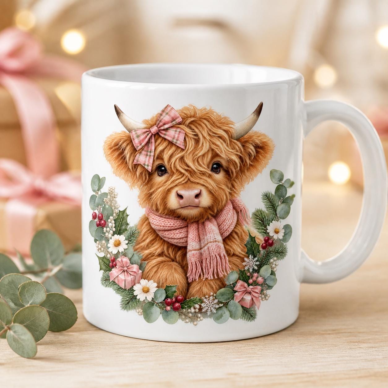 Pink Christmas Highland Cow Mug