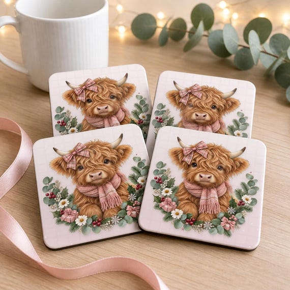 Pink Christmas Highland Cow Coaster Set of 4