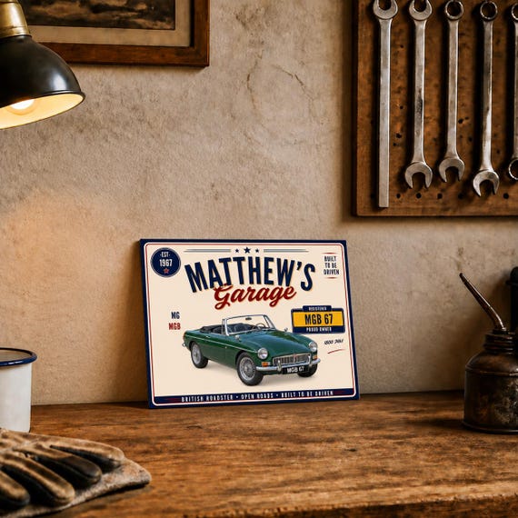 Personalised MG MGB Roadster Mk1 Garage Sign or Own Car, Custom Name Plate, 10x8 Aluminium Gift image 1