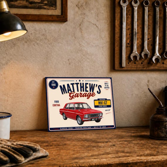 Personalised Ford Cortina Mk1 1500 GT Garage Sign or Own Car, Custom Name Plate, 10x8 Aluminium Gift image 1