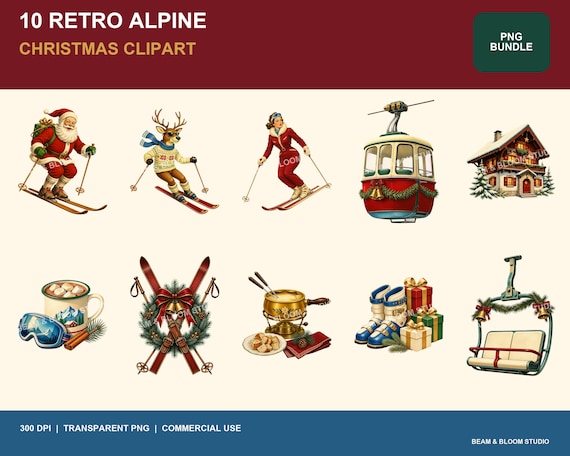 Complete collection of 10 retro alpine Christmas apres ski transparent PNG illustrations in red, pine, blue, cream and gold.