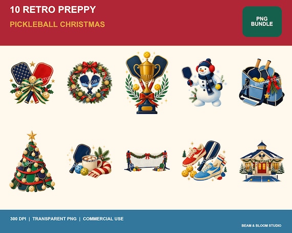 Complete collection of ten retro preppy pickleball Christmas PNG illustrations in navy cream red green blue and gold.