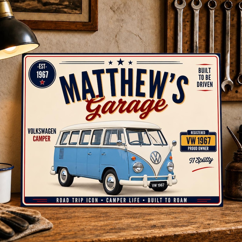 Personalised Volkswagen Type 2 T1 Camper Garage Sign or Own Car, Custom Name Plate, 10x8 Aluminium Gift image 1