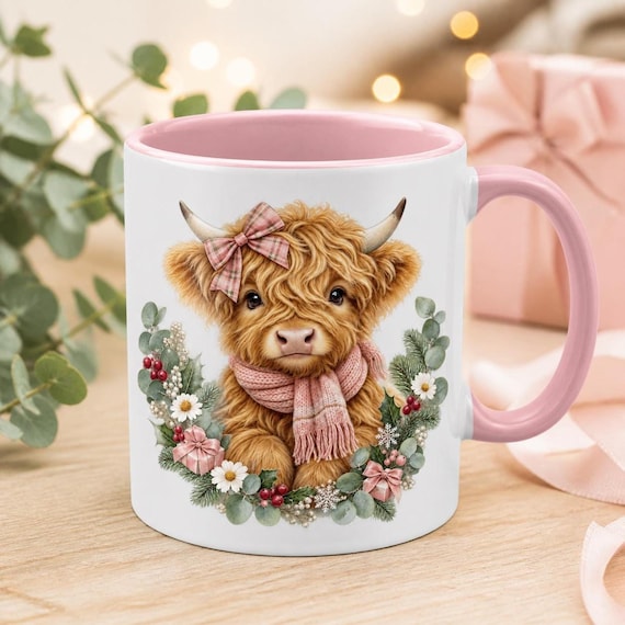 Pink Christmas Highland Cow Pink Inside Mug