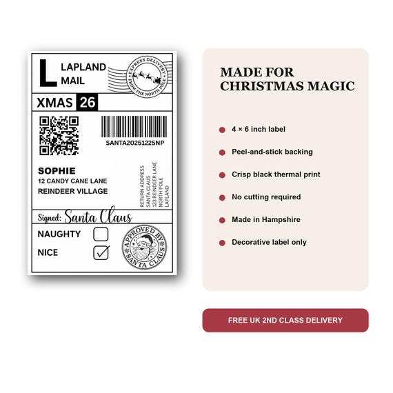 Four by six inch peel-and-stick Christmas label details and free UK delivery