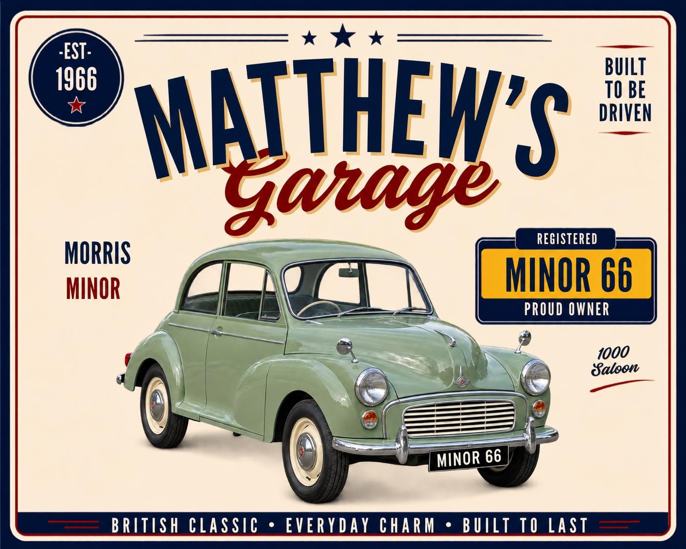 Example personalised Morris Minor garage sign artwork from our current catalogue