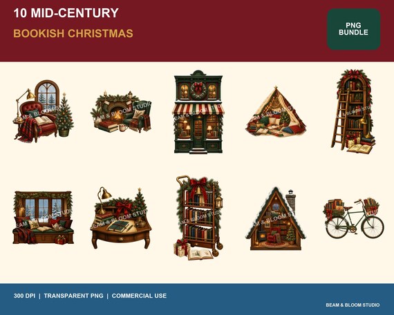 Complete collection of ten mid-century bookish Christmas reading nook PNG illustrations in red green cream and blue.