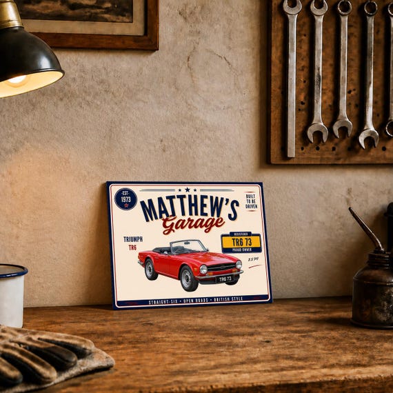 Personalised Triumph TR6 PI Garage Sign or Own Car, Custom Name Plate, 10x8 Aluminium Gift image 1