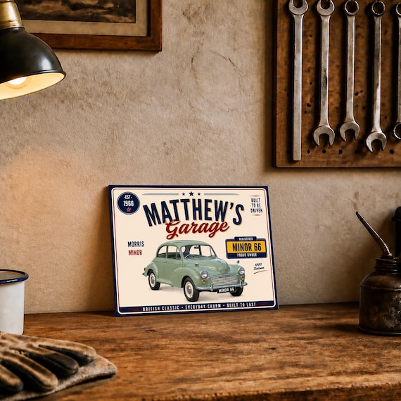 Personalised Morris Minor 1000 Saloon Garage Sign or Own Car, Custom Name Plate, 10x8 Aluminium Gift image 1