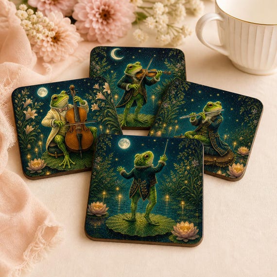 Coaster Set of Four, Moonlight Frog Orchestra, Cottagecore Gift