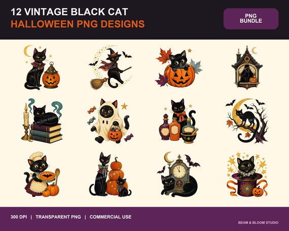 Vintage Black Cat Halloween Clipart Bundle