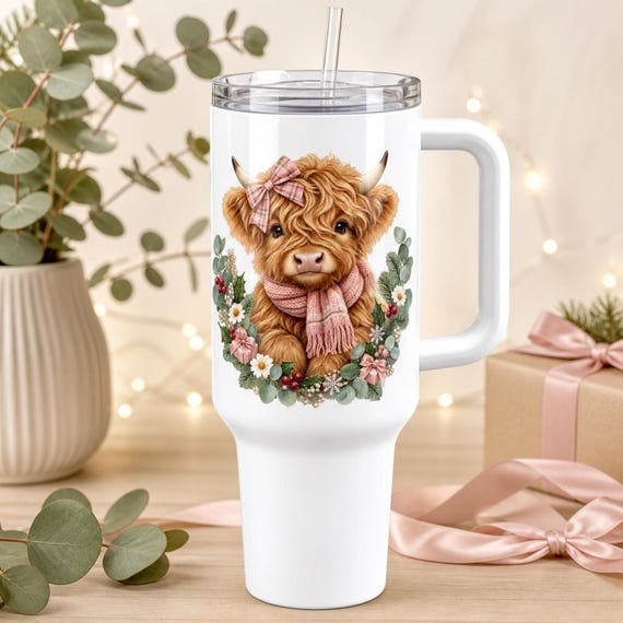 Pink Christmas Highland Cow 40 oz Tumbler