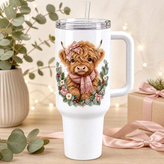 Pink Christmas Highland Cow 40 oz Tumbler
