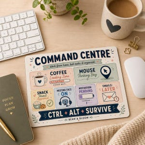 May include: A rectangular mouse pad with a cream background featuring the text COMMAND CENTRE at the top and CTRL + ALT + SURVIVE at the bottom. The design includes colourful sections labelled COFFEE, MOUSE, SNACK, MEETING, MOTIVATION, and EMAILS.