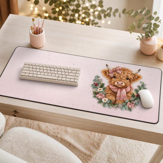 Pink Christmas Highland Cow Large Desk Mat