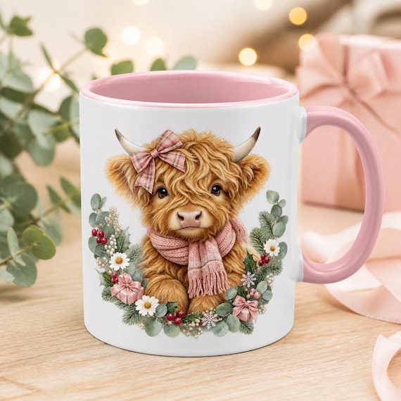 Pink Christmas Highland Cow Pink Inside Mug