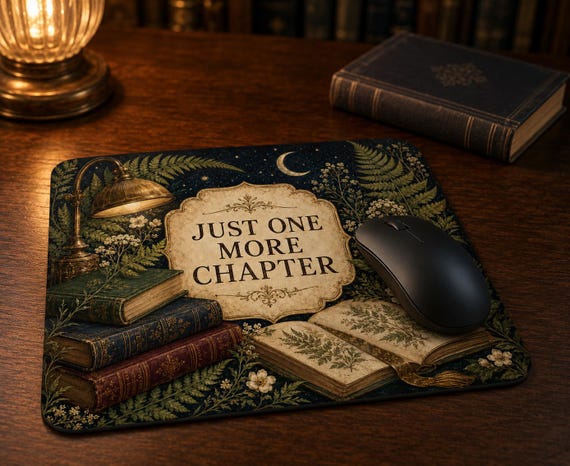 Dark Academia Mouse Mat, Vintage Books Botanical Fern, "Just One More Chapter" Mousepad