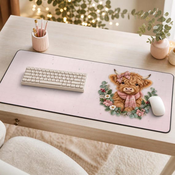 Pink Christmas Highland Cow Large Desk Mat
