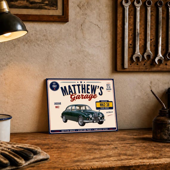 Personalised Jaguar Mk2 3.8 Garage Sign or Own Car, Custom Name Plate, 10x8 Aluminium Gift image 1