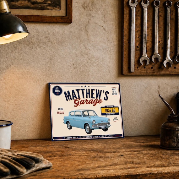 Personalised Ford Anglia 105E Deluxe Garage Sign or Own Car