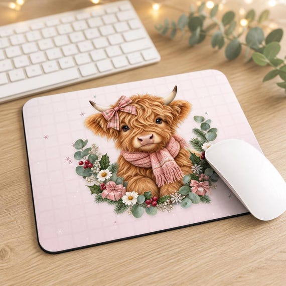 Pink Christmas Highland Cow Mouse Mat
