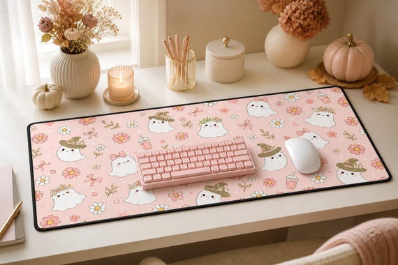 Pink Halloween Ghost Large Desk Mat