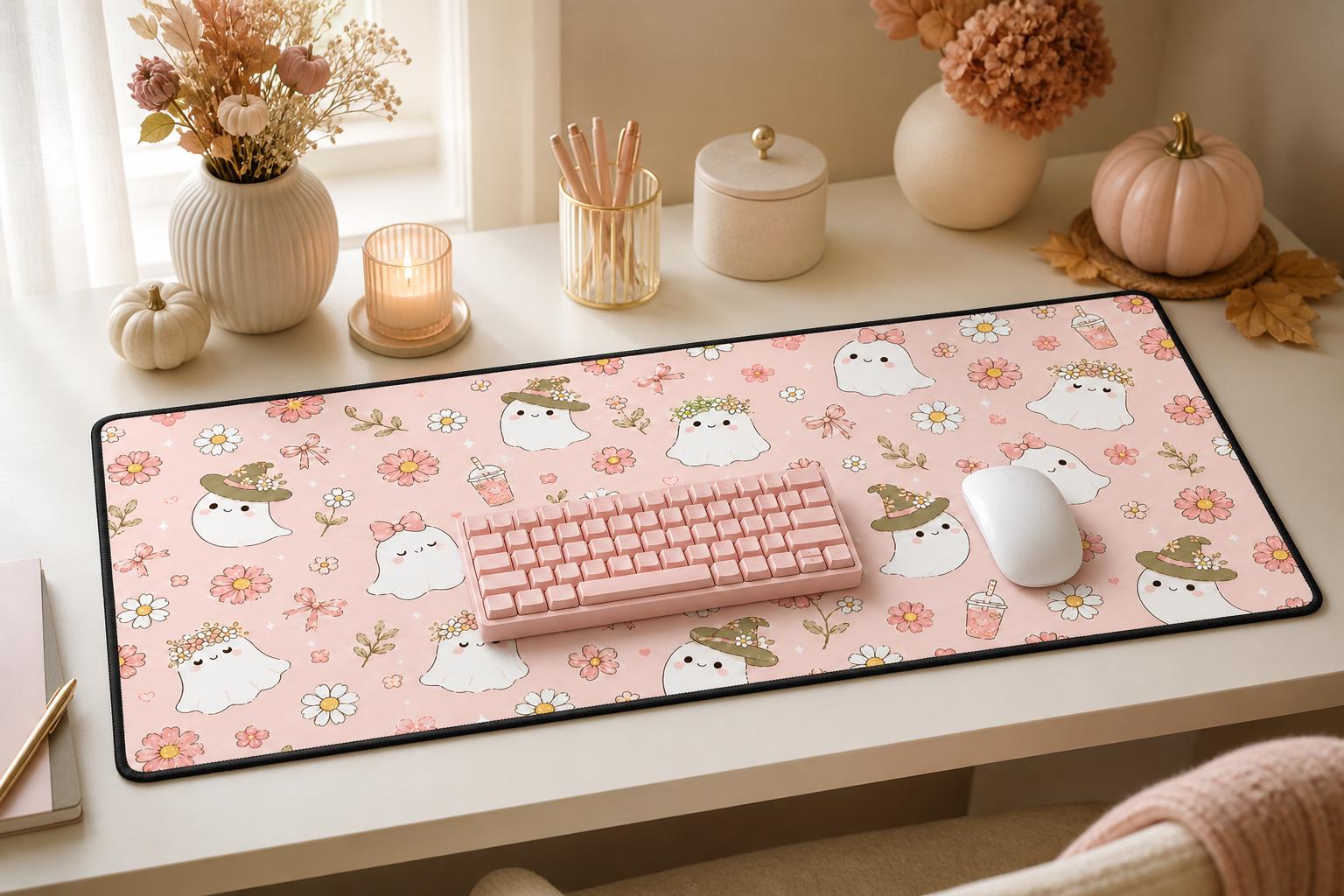 Pink Halloween Ghost Large Desk Mat