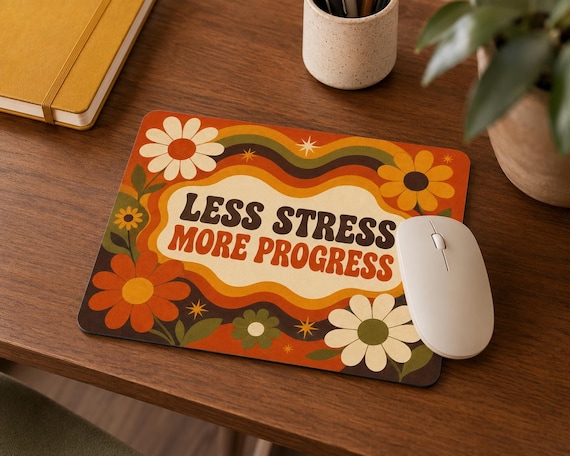 Retro Floral Mouse Mat, 70s Groovy Desk Accessory, Motivational Quote Desk Pad