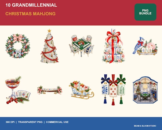 Complete collection of ten grandmillennial Christmas mahjong PNG illustrations in porcelain blue red green blush and gold.