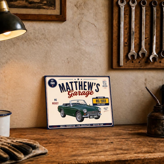 Personalised MG Midget MkIII 1275 Garage Sign or Own Car, Custom Name Plate, 10x8 Aluminium Gift image 1