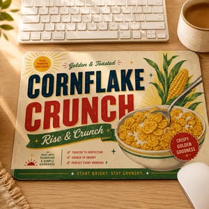 May include: A rectangular mouse pad featuring a vintage-style graphic with the text Cornflake Crunch, Rise & Crunch, and Crispy Golden Goodness. The design includes a bowl of cereal with a spoon, a corn stalk, and a sun icon on a cream background.