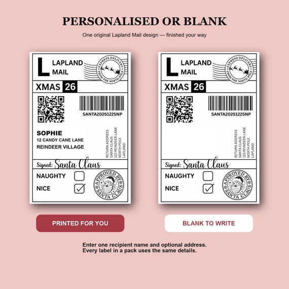 Personalised and blank Lapland Mail Christmas label options