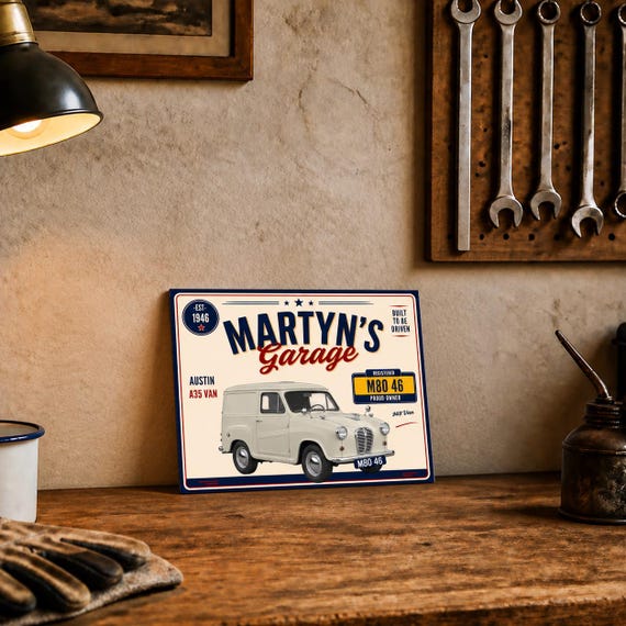 Personalised Austin A35 Van Garage Sign or Own Car, Custom Name Plate, 10x8 Aluminium Gift image 1