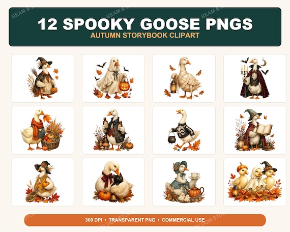 Spooky Goose PNG Bundle, 12 Halloween Watercolor Clipart, Autumn Storybook Designs (Digital Download)