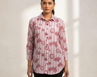 Camisa de algodón con estampado floral a rayas rosas y blancas para mujer / Camisa de manga larga con botones