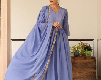 Blue Cotton Anarkali Kurti Palazzo Suit with Dupatta: Indian Party Wear