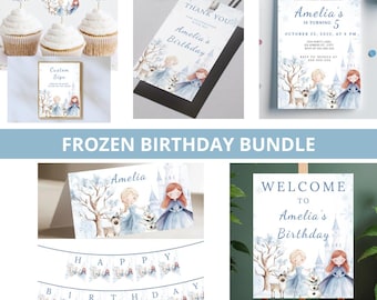 Frozen Birthday Invitation Bundle: Elsa & Anna, Watercolor (Canva Template)