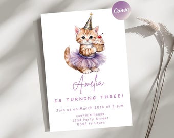 Kätzchen Geburtstag Canva Einladen Vorlage, Mädchen Geburtstagsfeier, bearbeitbare Katzeneinladung, digitaler Download