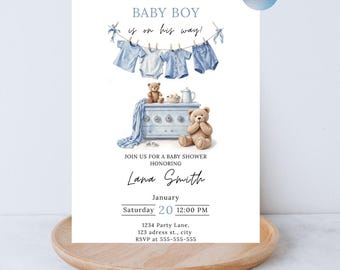 Editable Teddy Bear Boy Baby Shower Invitation, Blue Boho Baby Clothesline Printable, Canva Template