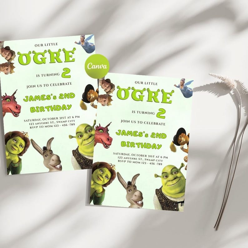 Shrek Birthday Invitation, little ogre: Editable Canva Template