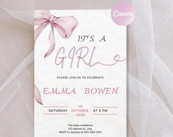 Pink Pastel Baby Sprinkle Invitation: Watercolor Bow, Editable Canva (PDF)