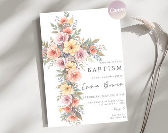 Floral Cross Baptism Invitation, Blush & Ivory, Girl Christening Invite, Canva Digital Download, 5x7"