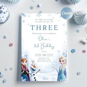May include: A light blue birthday invitation with the text "THREE" and "Olivia's 3rd Birthday". The invitation features illustrations of characters from a popular animated film, snowflakes, and a winter landscape.